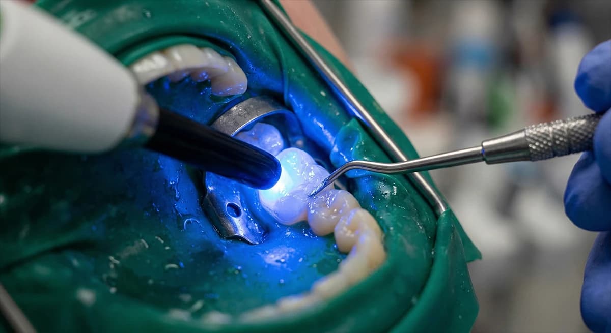 Active bonding light curing composite resin during sculpting phase.