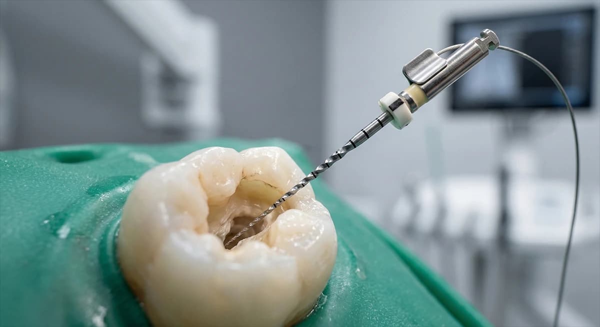 Advanced rotary endodontic instruments and electronic apex locator used for precision root canal cleaning.