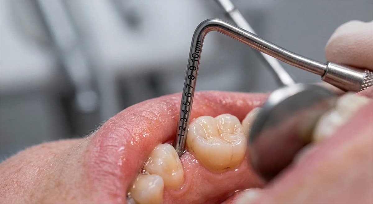 Calibrated periodontal probe showing millimeter markings used for precise gum pocket depth measurement.